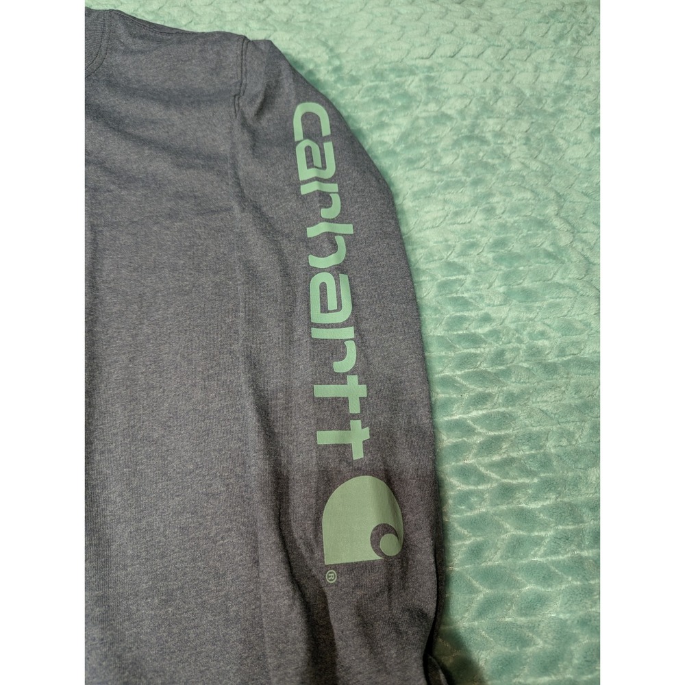 Carhartt Boys M‎ 8/10 Long Sleeve Graphic T-Shirt Heather Blue Gray Logo Sleeve